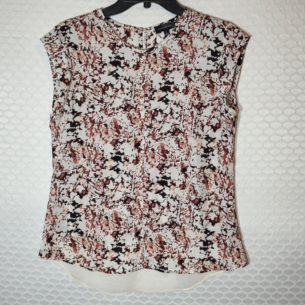The Limited Women Cap Sleeve Abstract Print Blouse Brown Cream Small
